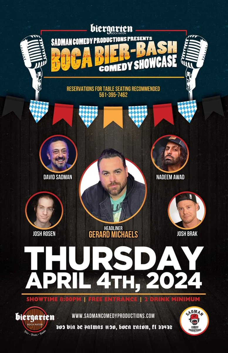 Some of the best local comics are bringing their A-game to @BiergartenBoca at the Boca-Bier-Bash Comedy Showcase this Thursday evening. Admission is free with a 2-drink minimum. Table seating reservations are recommended. Visit BiergartenBoca.com to learn more.