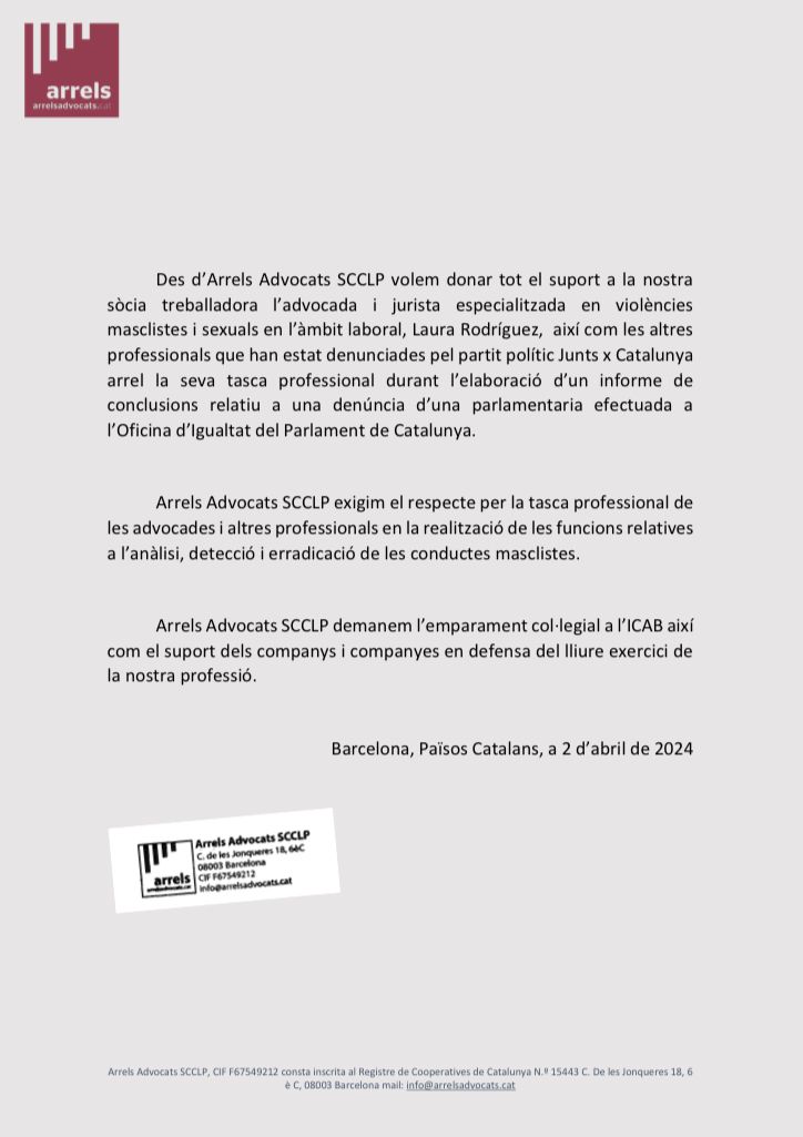 ❌Junts per Catalunya (<a href="/JuntsXCat/">Junts per Catalunya🎗</a>) denuncia l'advoca d'<a href="/ArrelsAdvocats/">Arrels Advocades</a> especialitzada en violències masclistes i sexuals en l'àmbit laboral Laura Rodríguez i tres treballadores més de la Comissió d'Investigació de situacions d'assetjament del <a href="/parlamentcat/">Parlament de Catalunya</a>. Tot el suport!