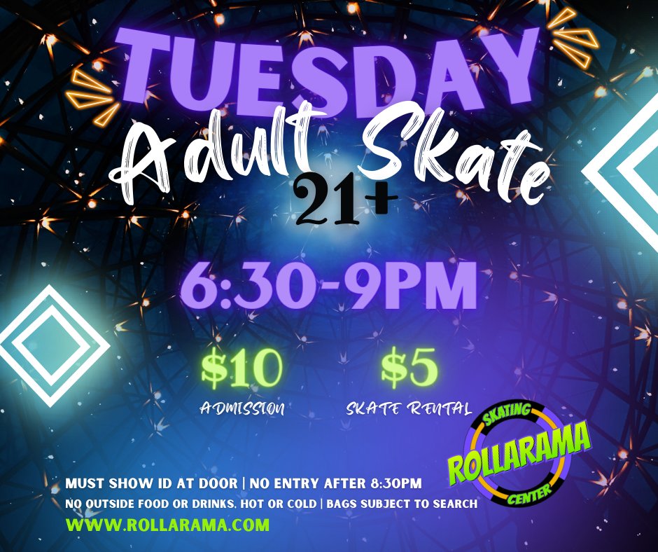 Tuesday Adult 21+ Skate is going strong! Join us for adults only skating every Tuesday! #rollarama #adultskate #tuesdayfun