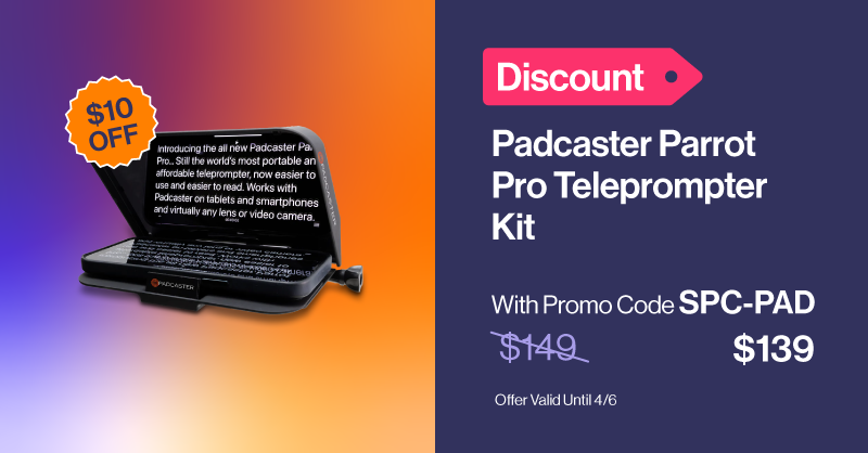 Deal of the week: Upgrade your setup with Padcaster Parrot Pro Teleprompter Kit! $10 OFF w/code SPC-PAD. Ends 4/6! bit.ly/3vzg192 #Dealoftheweek #Teleprompter