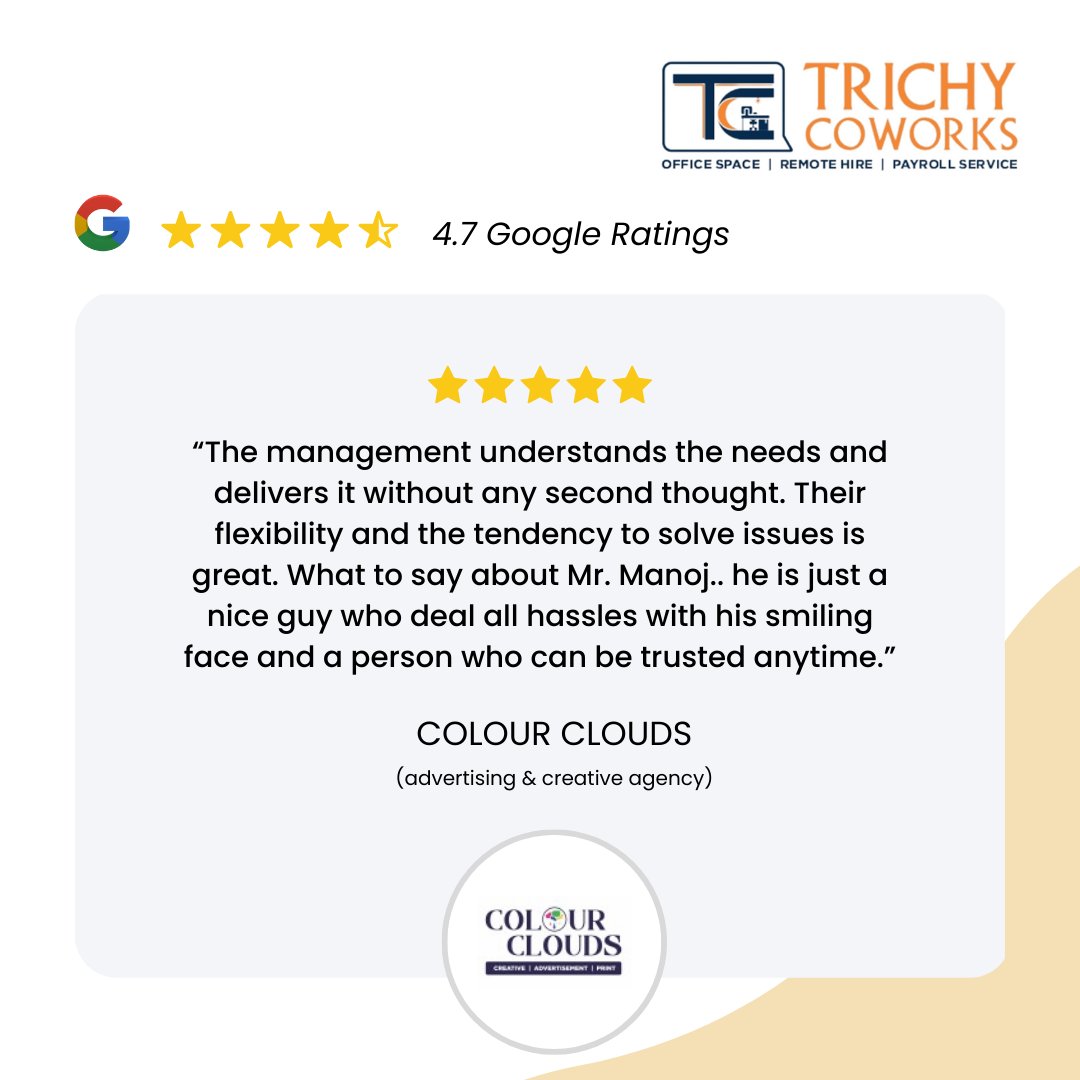 We're happy to showcase a glowing 5-star Google review from Colour Clouds. Big thanks to Colour Clouds for sharing their fantastic experience!  #trichycoworks #officespace #coworkingspace #coworking #coworkinglife #cowork #startup #officespace #office