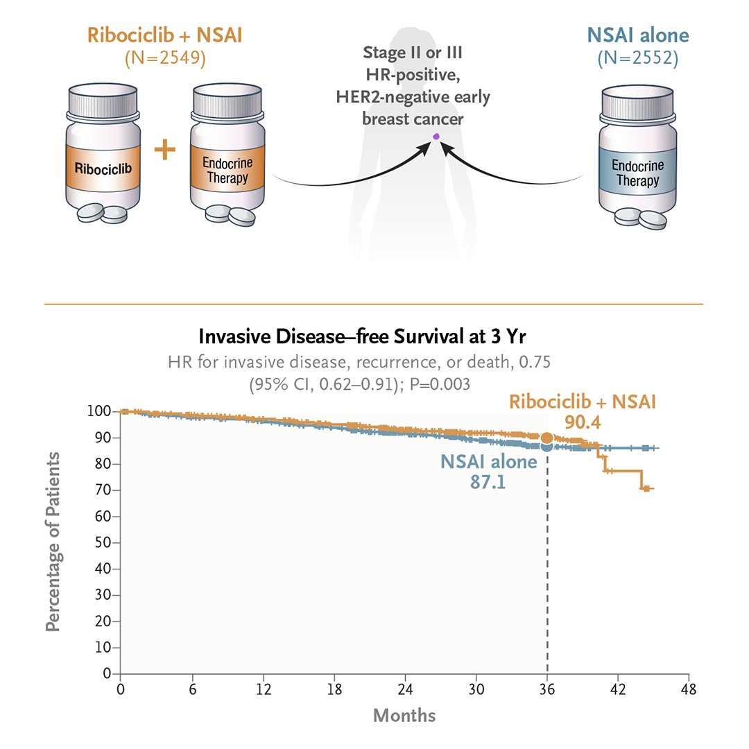 In patients with stage II or III early breast cancer, the addition of ribociclib to adjuvant hormonal therapy resulted in a significant improvement in 3-year invasive disease–free survival. Read the full NATALEE trial results and Research Summary: nej.md/3IM24rq