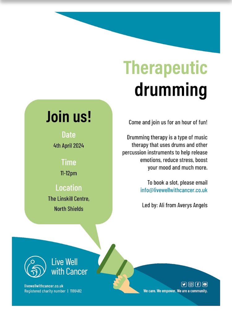 LiveWellwtCan's tweet photo. We have a few spaces available for this Thursdays #Therapeutic#Drumming session @LinskillCentre if youβd like a spot. Free to anyone affected by cancer π
Facilitated by the wonderful Avery's Angels - Holistic Therapies
#livewellwithcancer #wecare #weempower #weareacommunity https://t.co/QobJ3ecp6n