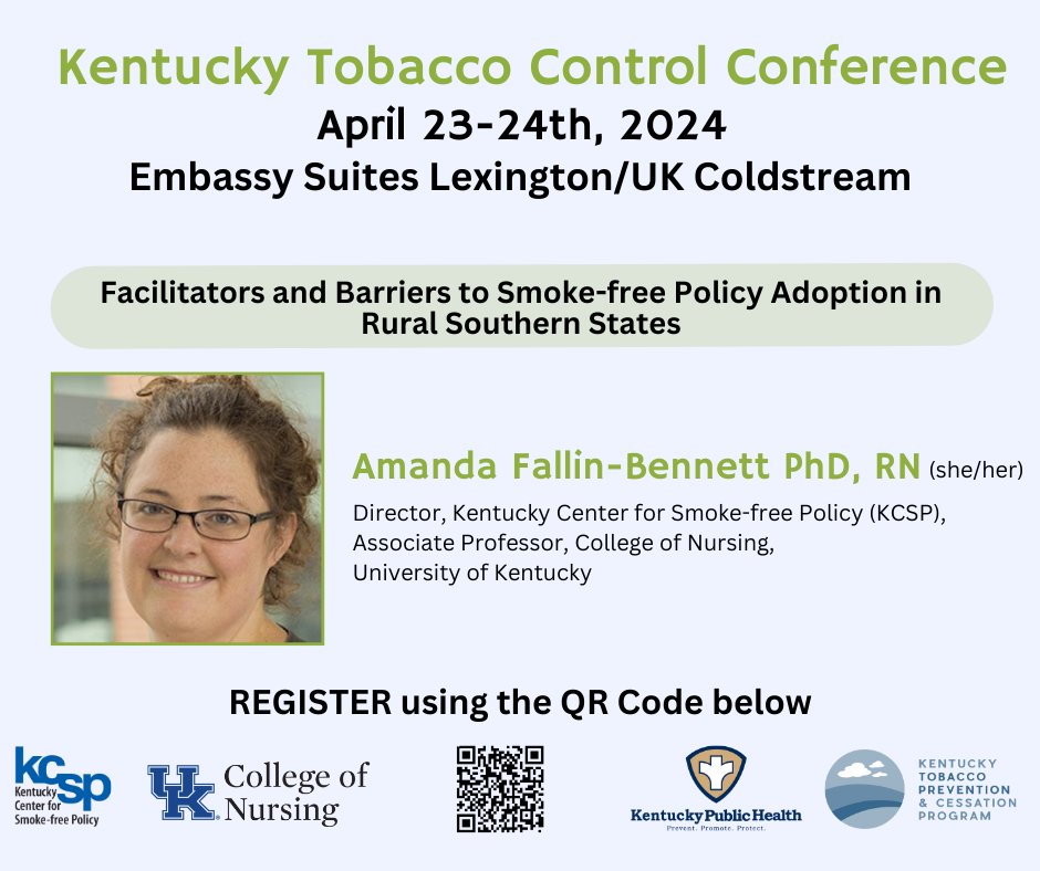 Join us on April 24th, at the KY Tobacco Control Conference, to hear from Amanda Fallin-Bennett @ukynursing about strategies for local smoke-free policy advocacy. @kytobaccofree Thanks to sponsors @CHISJH @Aetna @ARHhealthcare @UK_healthcare @Kyvoices4health @KYhealthalerts