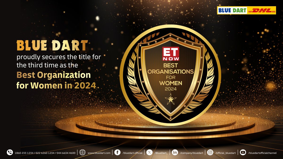 Grateful to @EconomicTimes for honoring Blue Dart as one of the Best Organizations for Women! Our commitment to diversity & inclusion drives us forward. #EmpoweringWomen #DiversityInclusion