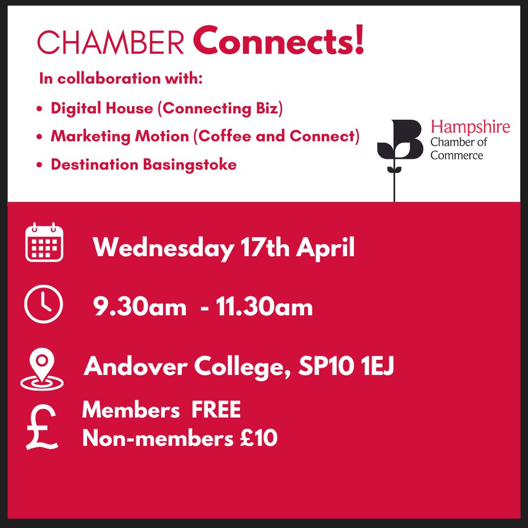 The next Chamber Connects! networking event will take place on Wednesday 17 April. 🕥 9.30am - 11.30am 📍 Andover College, Andover, SP10 1EJ Cost is FREE to Hampshire Chamber members and £10 for non-members. Light refreshments will be provided. #BasingstokeBiz #Event