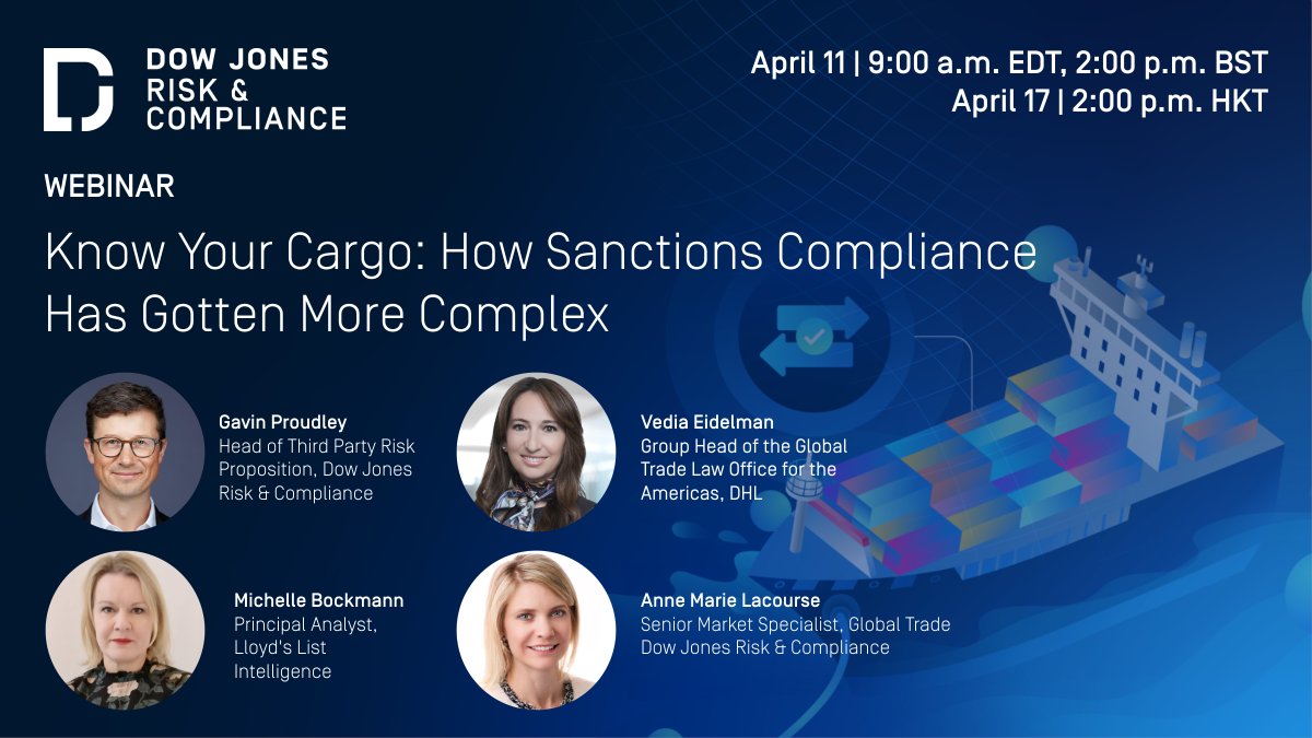Learn more about the responsibilities of firms in the #logistics, transportation & maritime shipping sectors to address sanctions & #ExportControl #risks by registering for our webinar ‘Know Your Cargo: How Sanctions Compliance Has Gotten More Complex’: bit.ly/3ITpACK