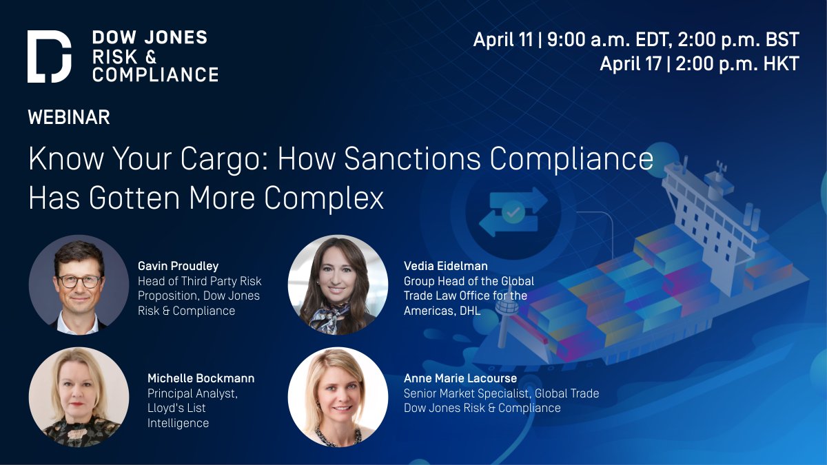 Learn more about the responsibilities of firms in the #logistics, transportation &amp; maritime shipping sectors to address sanctions &amp; #ExportControl #risks by registering for our webinar ‘Know Your Cargo: How Sanctions Compliance Has Gotten More Complex’: bit.ly/3ITpACK