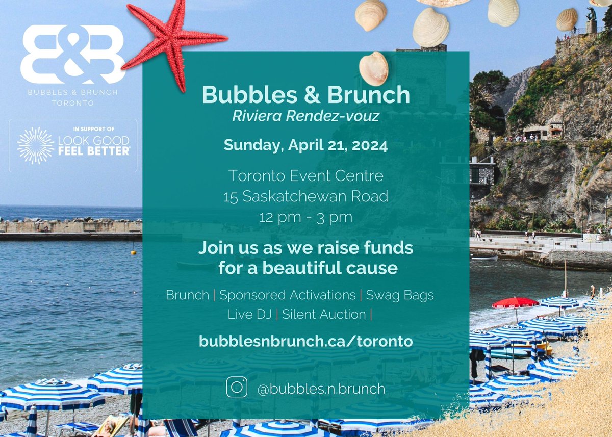 Luxuriate in coastal style at Bubbles & Brunch: Riviera Rendez-Vous in Toronto ☀️ Join us on Sunday, April 21st in support of Look Good Feel Better. Let's raise funds for a beautiful cause! ⛱️ Tickets on sale now: shorturl.at/vwT2