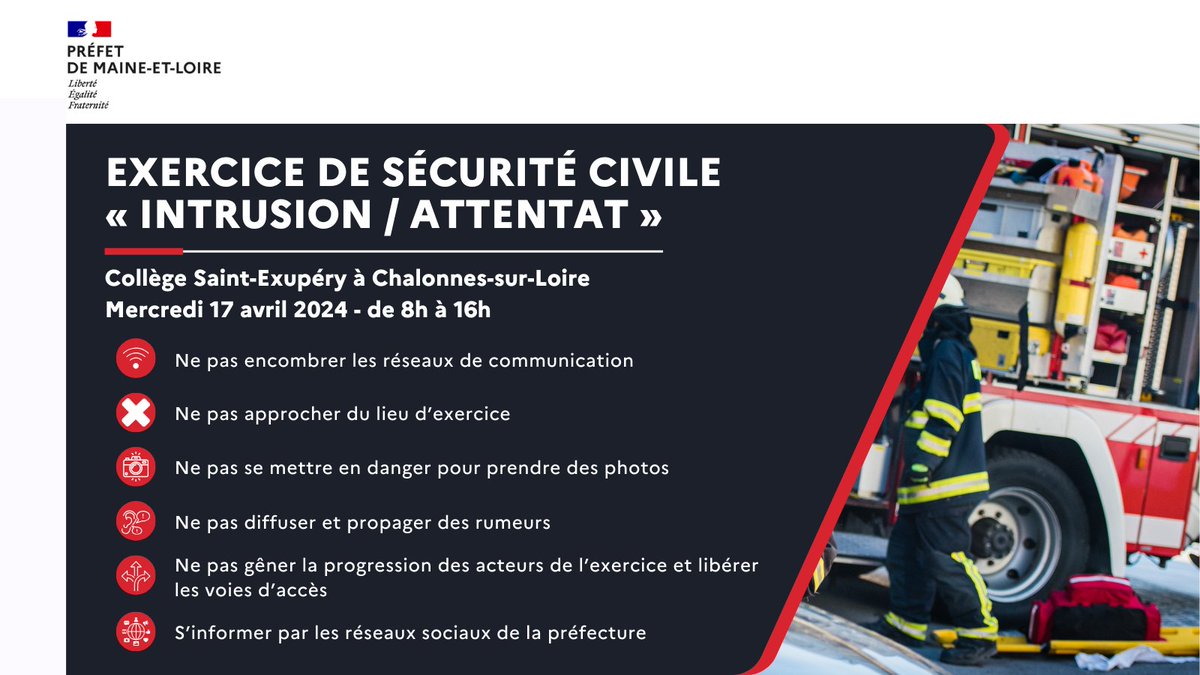 📣J-1⃣5⃣ avant l'exercice de sécurité civile au sein du collège Saint-Exupéry à Chalonnes-sur-Loire sur le thème «intrusion / attentat» ⚠️Pour le bon déroulement de cet exercice, la préfecture de #MaineetLoire appellera la population à adopter les bons comportements suivants ⤵️