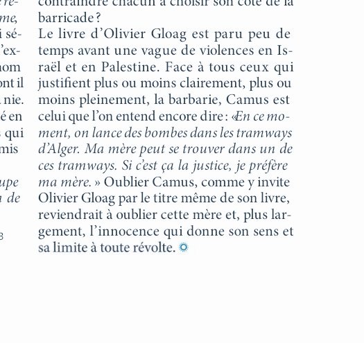 Le dernier numéro de la <a href="/RevueProjet/">Revue Projet</a> est paru avec mon article "Faut-il oublier Camus?", en réponse au livre d'Olivier Gloag. C'est gratuit et en ligne cairn.info/revue-projet-2… <a href="/Cairninfo/">Cairn.info</a>