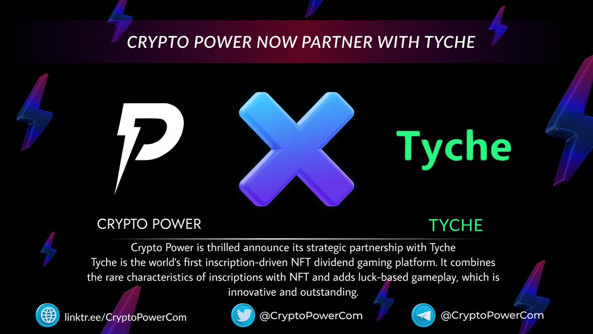 🔊 Crypto Power now partner with <a href="/tychegame/">Tyche</a> 🔊

🔸 #CryptoPower is thrilled announce its strategic partnership with #Tyche  🤝🔥
💎 Tyche is the world's first inscription-driven #NFT dividend #gaming platform. It combines the rare characteristics of inscriptions with #NFT and