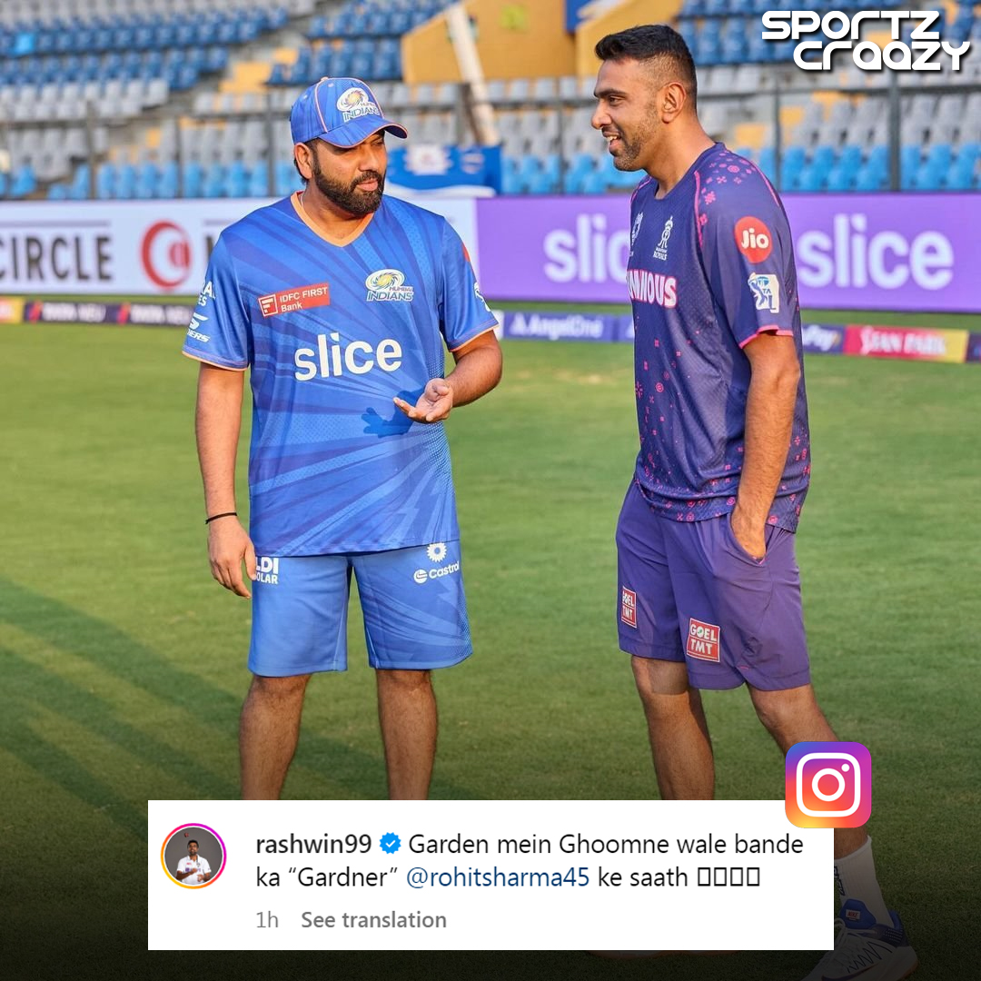 Instagram post by Ashwin: 😄⭐ Ravi Ashwin hanging out with Rohit Sharma the gardener! 😅 #IPL2024 #Cricketer #Tournament #MIvsRR #RohitSharma #RaviAshwin #Gardener #Hitman #Sportzcraazy #Followus #Comment #SocialMedia #Hangout