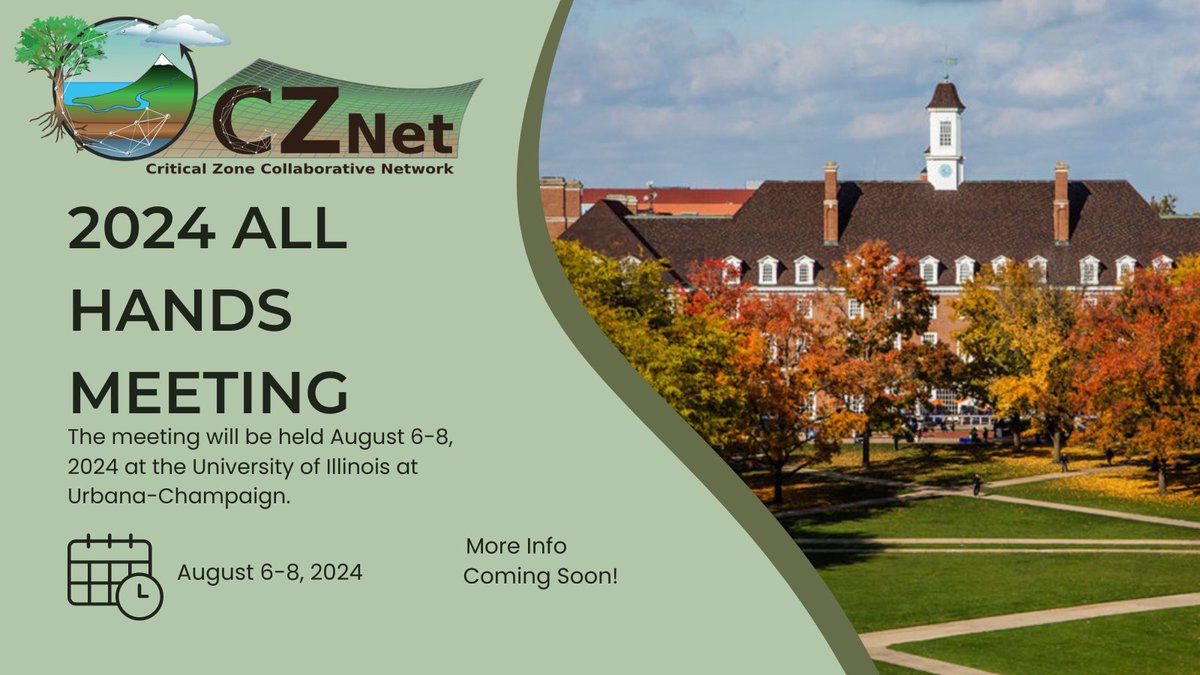 SAVE THE DATE! The CZNet All Hands Meeting will be held August 6-8, 2024 at University of Illinois Urbana-Champaign with @CINetCluster. More information will be coming soon, and all updates will be available at the link below: criticalzone.org/hub/cznet-all-…
