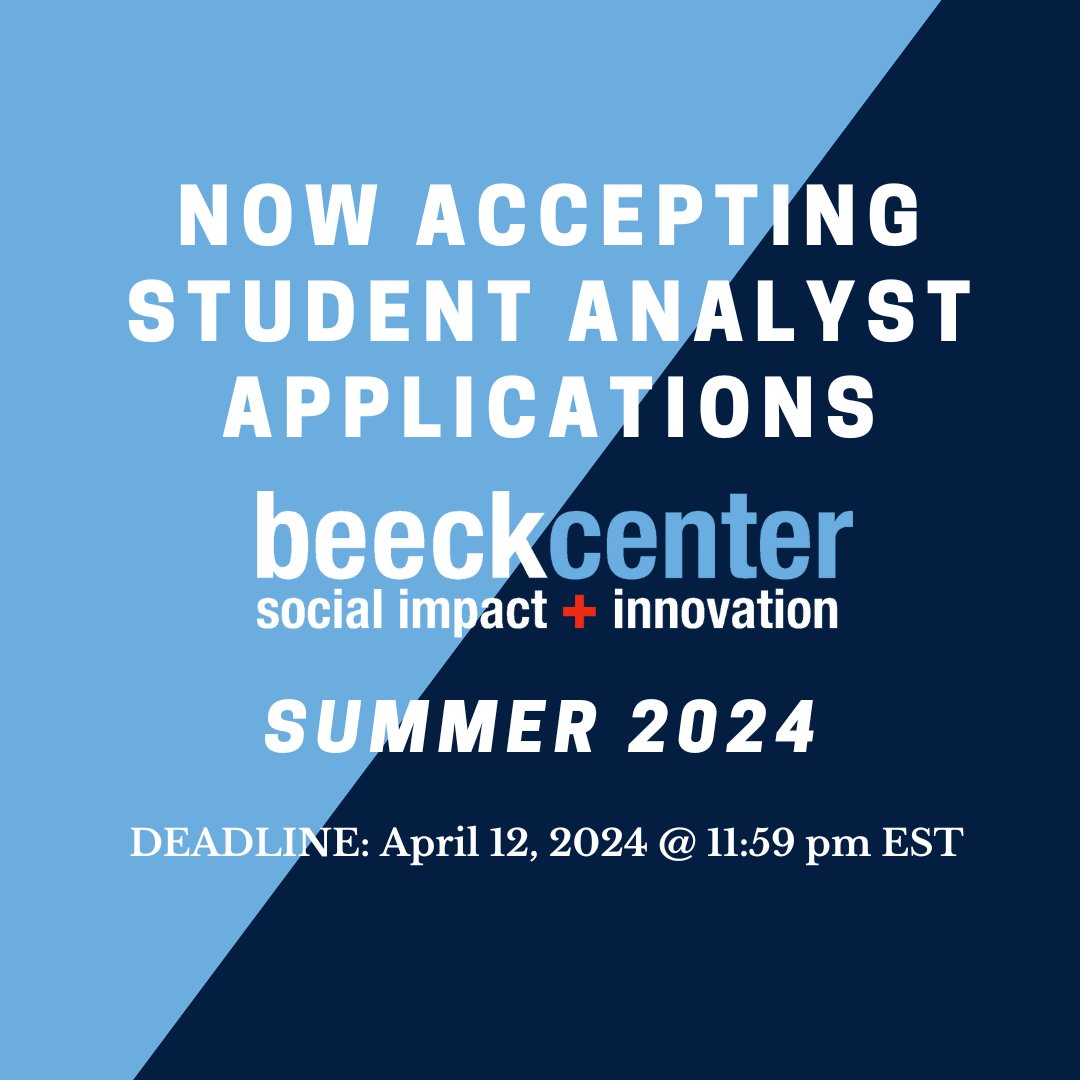 Applications are now open for our undergraduate and graduate @georgetown Student Analyst program! We have 10 open roles across our project teams for summer 2024!. Learn more and apply by April 12 at 11:59 pm ET ⬇️ beeckcenter.georgetown.edu/jobs/student-a…