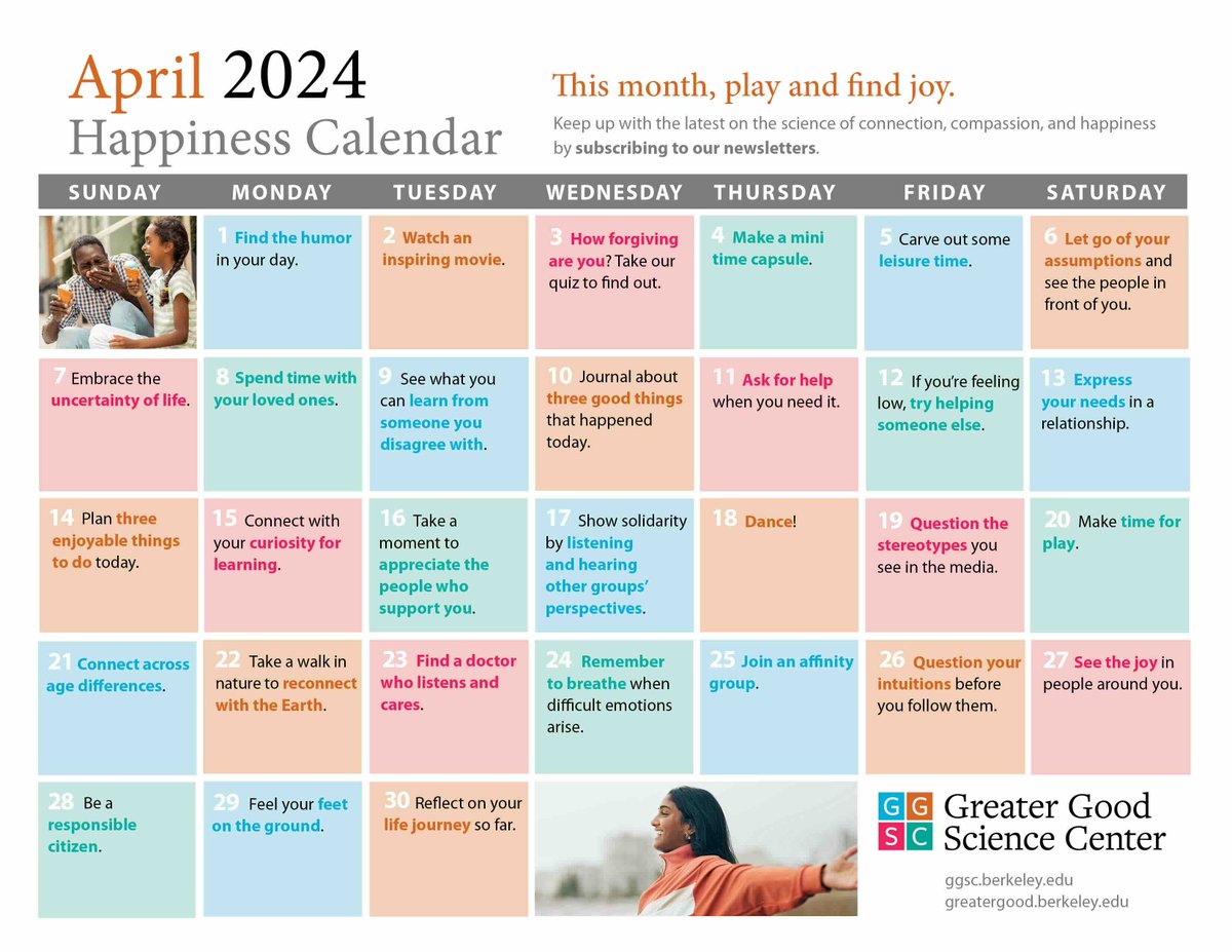 This month's #Happiness Calendar from The Greater Good Science Center features #wellbeing tips to play and find joy.: greatergood.berkeley.edu/article/item/y…