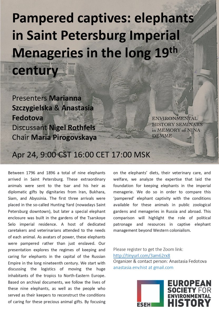 🐘Between 1796 and 1896 nine elephants arrived in Saint Petersburg...
To get to know their story, register for the online seminar organised by our own Anastasia  Fedotova

Registration link: tinyurl.com/3am62rx8

#envhist #animalhistory