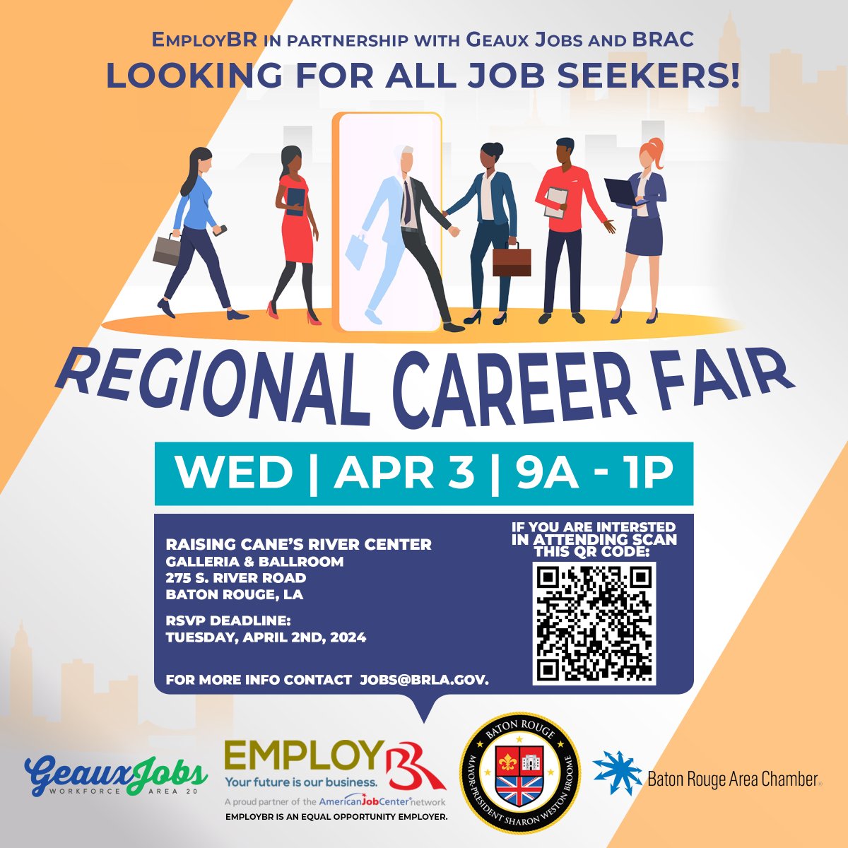 Looking for job opportunities? Join us on Tomorrow, Wednesday, April 3 from 9 AM to 1 PM at the Raising Cane's River Center. Open to all job seekers! For more information, contact jobs@brla.gov. Don't miss this chance to explore exciting career prospects!