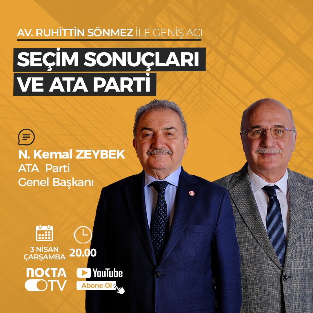 Av. Ruhittin SÖNMEZ ile Geniş Açı programında ATA Parti Genel Başkanı N. Kemal ZEYBEK'i ağırlayacağız. Geniş Açı programı 3 Nisan Çarşamba saat 20.00'de  Nokta Tv youtube kanalında!
#ruhittinsönmez #genişaçı  #kocaeli #ataparti #kemalzeybek #seçimsonuçları