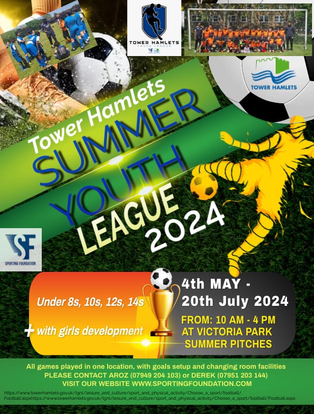 The Tower Hamlets Youth League is back this summer, bigger and better with more age groups. Get in touch to enter your team! #towerhamletsyouthleague #sportingfoundation #youth #football #grassroots #prideinourcommunity