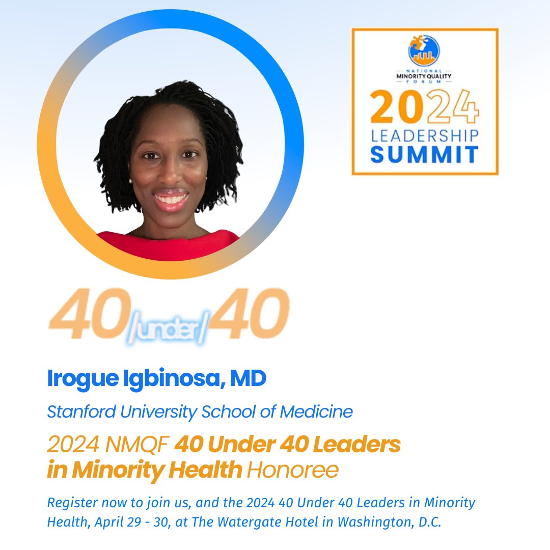 NMQF (@nmqf) on Twitter photo Please welcome Irogue Igbinosa, MD, one of our 2024 #NMQF40Under40 Honorees!
Learn more about the NMQF Leaders in Minority Health Awards. nmqf.org/40-under-40/
#NMQFSummit24 <a href="/StanfordMed/">Stanford Medicine</a> Please welcome Irogue Igbinosa, MD, one of our 2024 #NMQF40Under40 Honorees!
Learn more about the NMQF Leaders in Minority Health Awards. nmqf.org/40-under-40/
#NMQFSummit24 <a href="/StanfordMed/">Stanford Medicine</a>