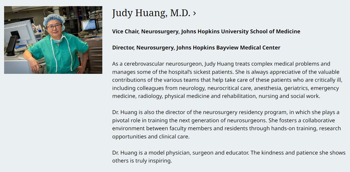 Johns Hopkins Neurosurgery (@hopkinsnsurg) on Twitter photo Congrats <a href="/DrJudyHuang/">Judy Huang, MD</a> – recipient of the “Excellence in Service & Professionalism” award. Nominated by peers at <a href="/HopkinsBayview/">JohnsHopkinsBayview</a>, the award recognizes the culture of patient & family-centered care Dr. Huang actively promotes tinyurl.com/4xddhzn4 Congrats <a href="/DrJudyHuang/">Judy Huang, MD</a> – recipient of the “Excellence in Service & Professionalism” award. Nominated by peers at <a href="/HopkinsBayview/">JohnsHopkinsBayview</a>, the award recognizes the culture of patient & family-centered care Dr. Huang actively promotes tinyurl.com/4xddhzn4