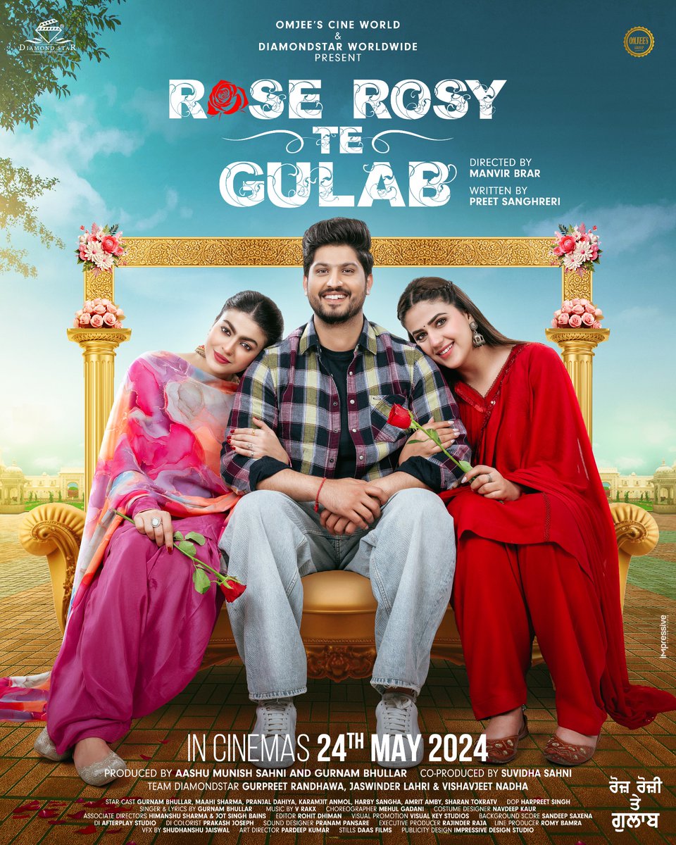 Get ready to feel the fragrance of love & laughter with #RoseRosyTeGulab in cinemas on 24th May, 2024!🌹😍 #GurnamBhullar #MaahiSharma #PranjalDahiya #ManvirBrar #PreetSanghreri #OmjeesCineWorld #DiamondStarWorldwide