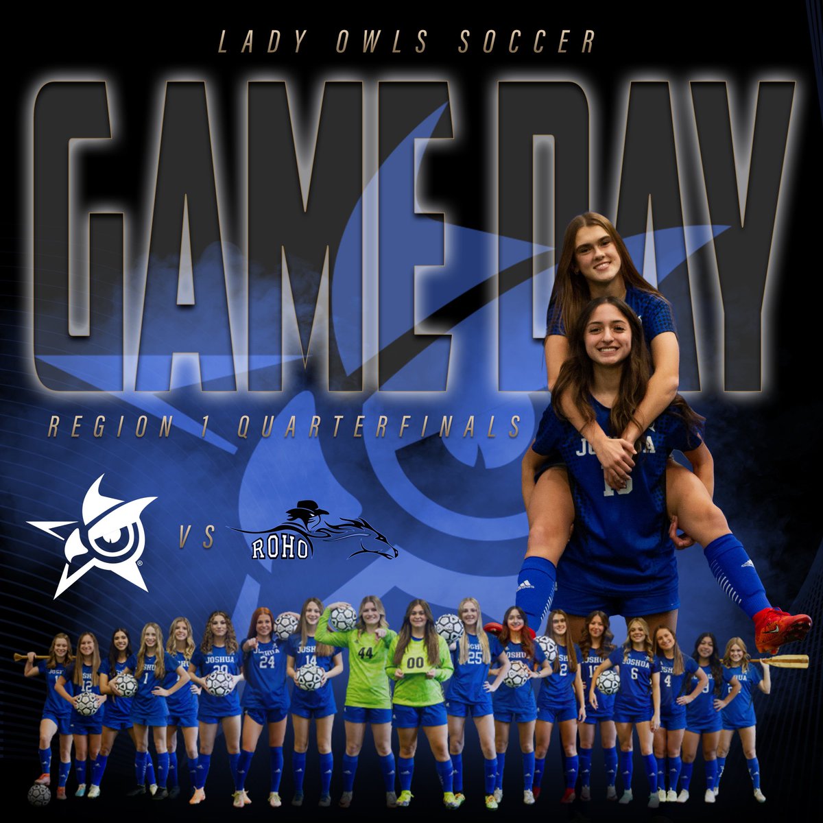 It’s GAME DAY! Regional Quarterfinals vs Rider will be played at 4 pm at the Northwest ISD Stadium. Tickets are cash only at the gate. See you there. Let’s Go Lady Owls! 💙🦉⚽️@JoshuaISD @Gosset41 @LethalSoccer