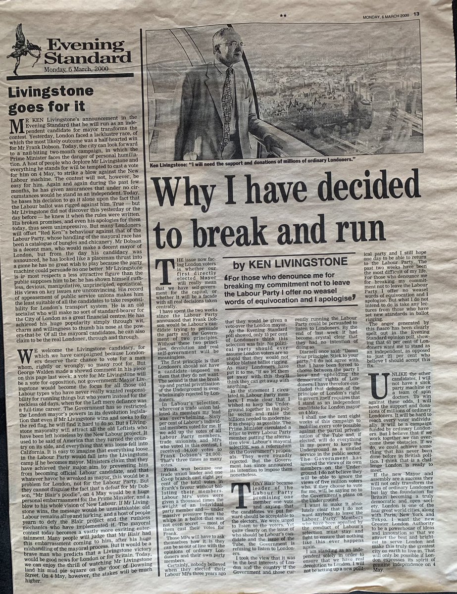 As the report here notes, he had the exclusive of Ken Livingstone’s decision to stand against Labour for Mayor of London as an independent candidate. Here is Charles Reiss’ splash from that day and the piece produced to form the paper’s exclusive. 2/ x.com/joemurphylondo…