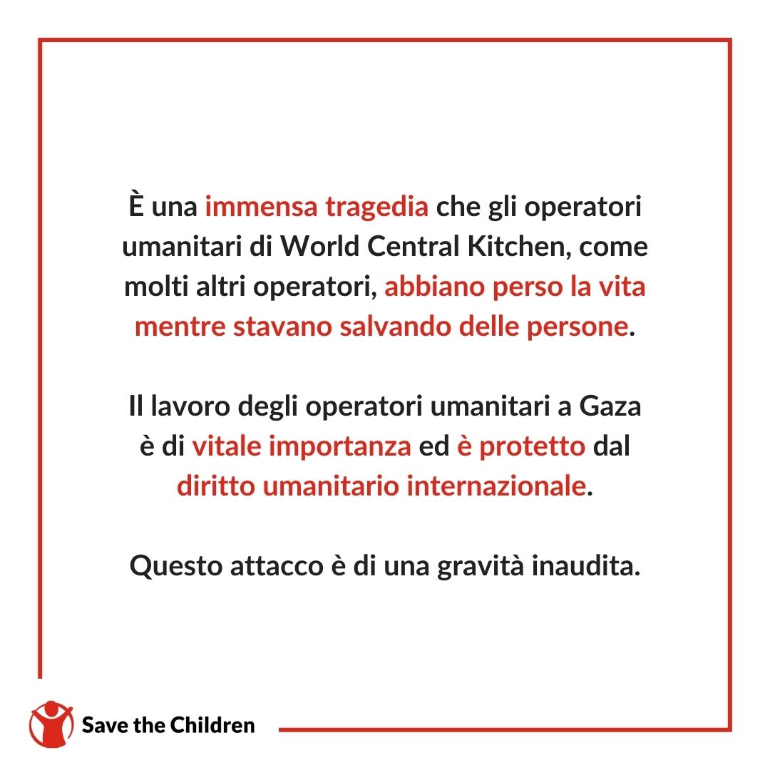 La notizia dell’uccisione a #Gaza degli operatori della #WorldCentralKitchen ci addolora profondamente e rappresenta un’ennesima perdita inaccettabile. Gli uomini e le donne che lavorano per portare aiuti umanitari non possono in alcun modo diventare target di #guerra.