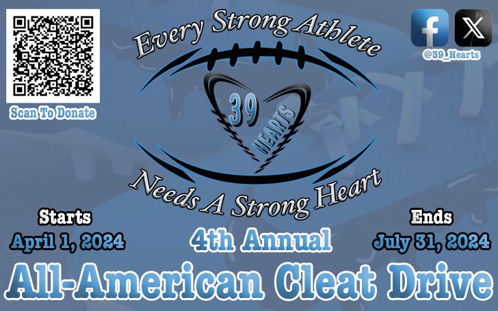 Excited to announce our 4th Annual All-American Cleat Drive! Last year, we outfitted over 70 young men in need with cleats. This year, our goal is 100+! Accepting new/gently used cleats as well as monetary donations. Please share 🤝 DONATE 🔗: pages.donately.com/39hearts/campa…