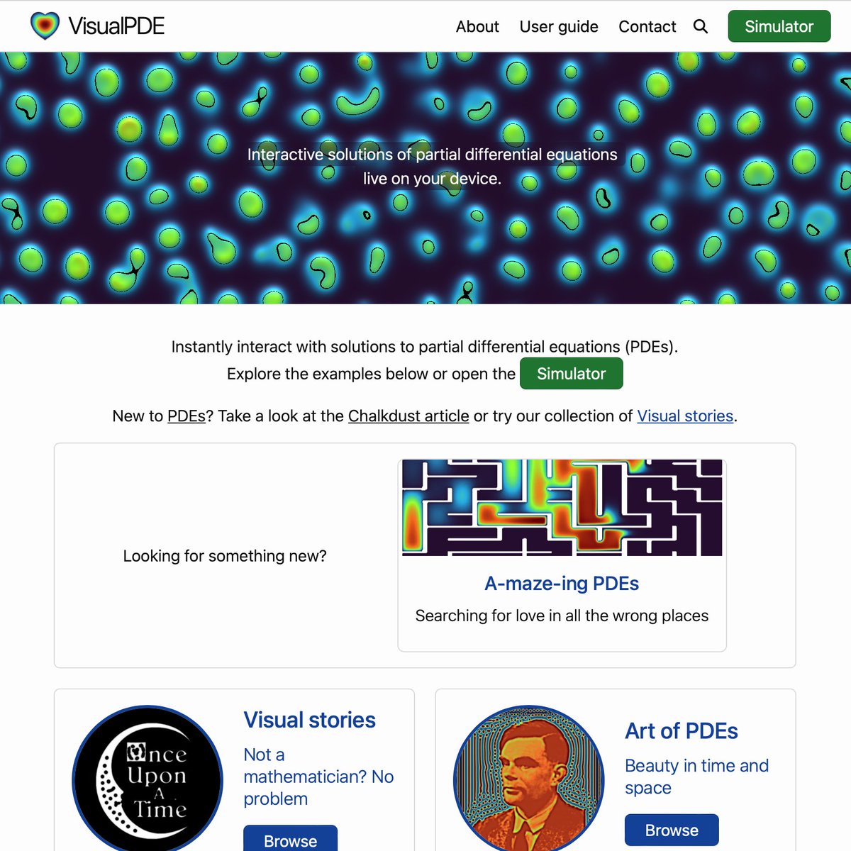 With dozens of articles over at VisualPDE.com, it can be tough to know where to start.

Introducing the Post of the Day, which puts a new article on the VisualPDE front page each day. Why not try something new today?
