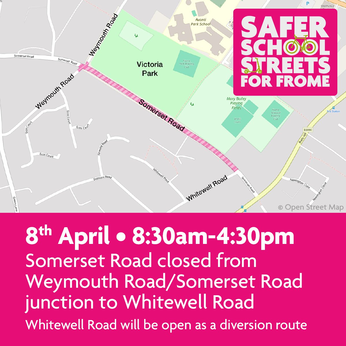 🚧 The work schedule for Frome's Safer School Streets continues, with part of Somerset Road closed on 8th April, from 8:30am - 4:30pm, for additional resurfacing works. ℹ Please see further details of closures on our website ➡ bit.ly/safer-school-s…