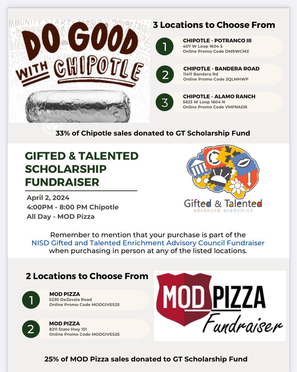 LaToya Sapp, M.Ed (@mrssappgt) on Twitter photo Don’t cook dinner tonight! You can support <a href="/nisdgteac/">NISDGTEAC</a> as they have raise money for scholarships for gifted & talented students here in Northside at the listed <a href="/MODPizza/">MOD Pizza</a>’s on the flyer! Be sure to mention your purchase is part of the NISD GTEAC fundraiser! <a href="/NISDThornton/">William J. Thornton</a> <a href="/NISDGTAA/">NISD GT & AA</a> Don’t cook dinner tonight! You can support <a href="/nisdgteac/">NISDGTEAC</a> as they have raise money for scholarships for gifted & talented students here in Northside at the listed <a href="/MODPizza/">MOD Pizza</a>’s on the flyer! Be sure to mention your purchase is part of the NISD GTEAC fundraiser! <a href="/NISDThornton/">William J. Thornton</a> <a href="/NISDGTAA/">NISD GT & AA</a>