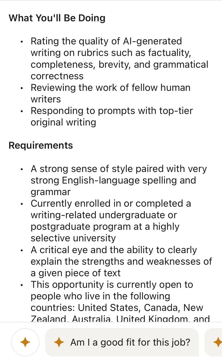 Carrington Fox (@carringtonfox) on Twitter photo AI-adjacent job ad made me cry for future generations of non-human writers who’ll never know joy of debating Oxford commas & semi-colons w/ human colleagues
<a href="/nashmallow/">Nathaniel Porgatorio</a> <a href="/EThomasWood/">Tom Wood</a> <a href="/dpatrickrodgers/">d. patrick rodgers</a> <a href="/scavendish/">Steve Cavendish</a> <a href="/BethAlex3/">Beth Alexander</a> <a href="/elizzmo/">Elizabeth Orr Jones</a> AI-adjacent job ad made me cry for future generations of non-human writers who’ll never know joy of debating Oxford commas & semi-colons w/ human colleagues
<a href="/nashmallow/">Nathaniel Porgatorio</a> <a href="/EThomasWood/">Tom Wood</a> <a href="/dpatrickrodgers/">d. patrick rodgers</a> <a href="/scavendish/">Steve Cavendish</a> <a href="/BethAlex3/">Beth Alexander</a> <a href="/elizzmo/">Elizabeth Orr Jones</a>