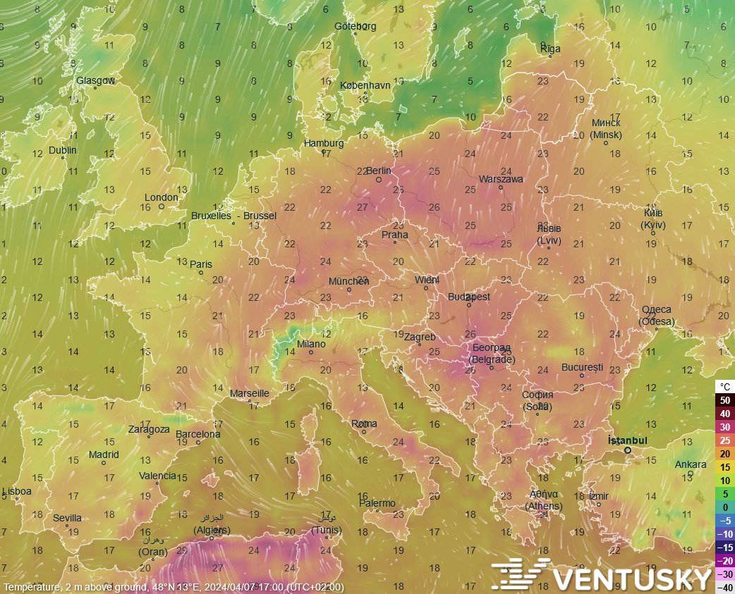 At the end of this week, Europe awaits another wave of unusually high temperatures, with some areas expecting temperatures to exceed 25°C. This year, summer temperatures are arriving unusually early: ventusky.com/?p=49.5;15.6;4… 🧐