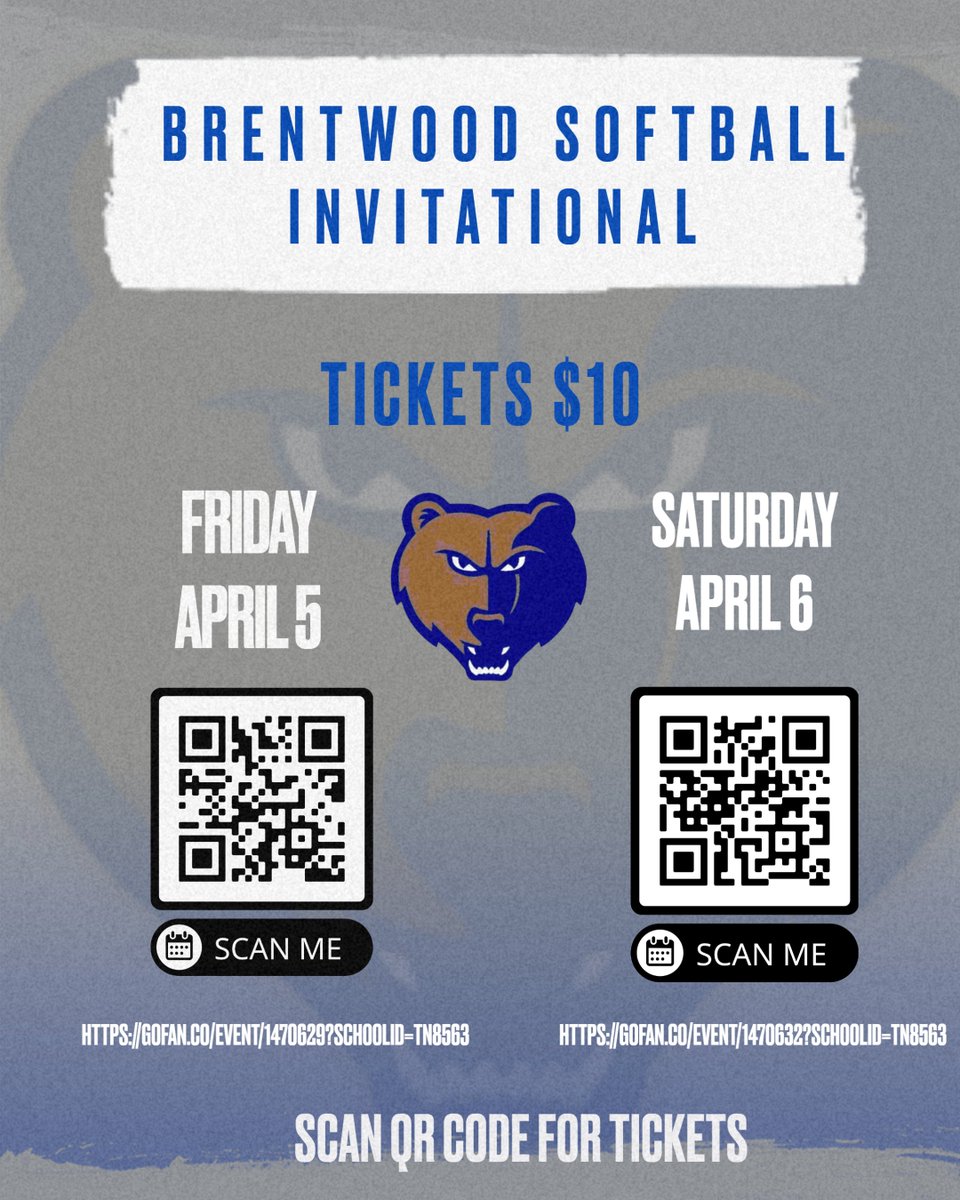 It is time for the Brentwood Invitational Tournament! We are excited to welcome 25 teams to Crockett Park! Gold and Silver brackets with trophies and awards for each! Purchase tickets through GoFan using the QR codes below! Schedule posted soon! #BIST @wcsBHSAD @wcsCOAthletics 🥎