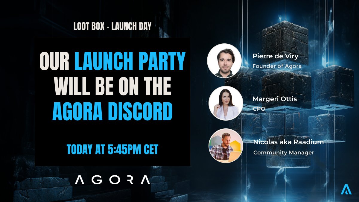Loot Box Launch Party 🥂

Agorians, it's Time! 🤩
Our dedicated Lootbox launch room on Discord will be open at 5:45 PM CET⏰
Join us and let's grab a Loot Box together!
PS: everybody is invited 🙌

👉Link to join: bit.ly/43EU6db