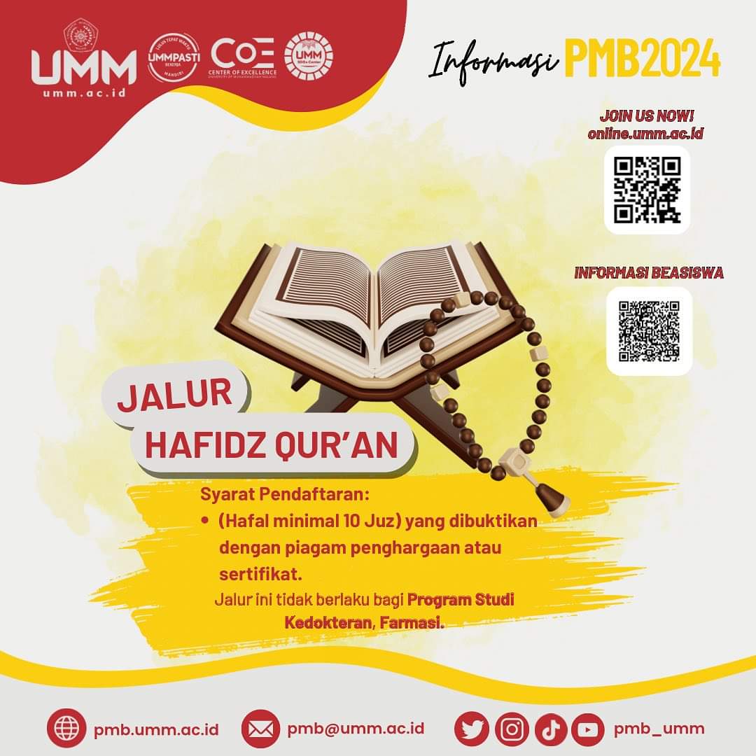 Jalur beasiswa non rapor di UMM. Minat Bakat, Influencer, Hafidz Qur'an, ayo manfaatkan kesempatan ini camaba UMM! 🤩🙌🏻 Untuk benefitnya dapat Free angsuran pertama SPP Semester 1🥳‼️‼️ Info lengkap: pmb.umm.ac.id Daftar: online.umm.ac.id #pmbumm2024