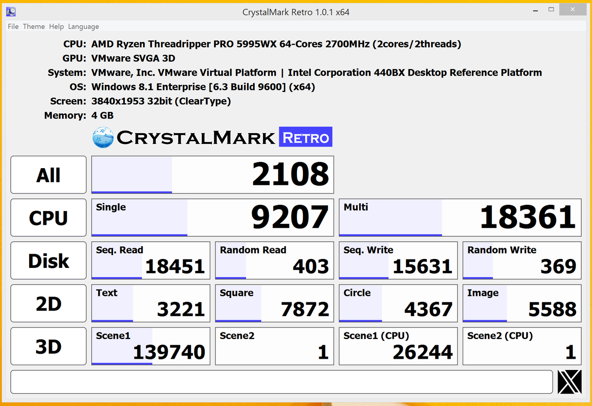 CrystalMark Retro 1.0.1 Release!!
 crystalmark.info 

*Benchmark results are fully compatible with CrystalMark Retro 1.0.0.

Fixed: OS information could not be obtained under some conditions.
Fixed: DPI setting was not reflected under some conditions.