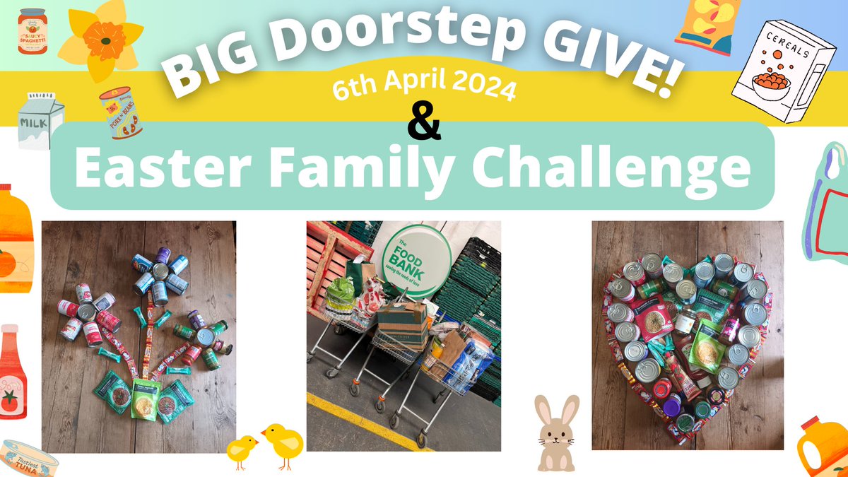 MK Food Bank is in the middle of our busiest time ever and our food supplies are running low, so our BIG DOORSTEP GIVE campaign is BACK and we are collecting for our Easter Family Challenge too, on the 6th April 2024! Email your details for collection: helpline@mkfoodbank.org.uk