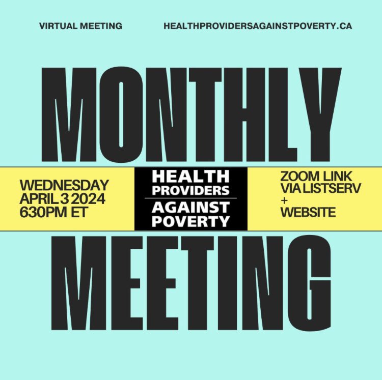 Please join us for our monthly organizing meeting tomorrow Wednesday April 3rd at 6:30pm. All healthcare, social care and anti-poverty workers welcome! The zoom link will be on healthprovidersagainstpoverty.ca or send us a message for it!