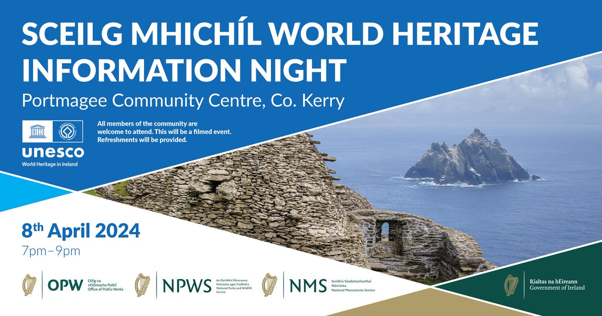 @NationalMons with @opwireland and @NPWSIreland are hosting a public information night on the #WorldHeritage Property of Sceilg Mhichíl. 📅Monday 8th April from 7-9pm 📌 Portmagee Community Centre, Co. Kerry All members of the community are welcome. 👉worldheritageireland.ie/tag/sceilg-mhi…