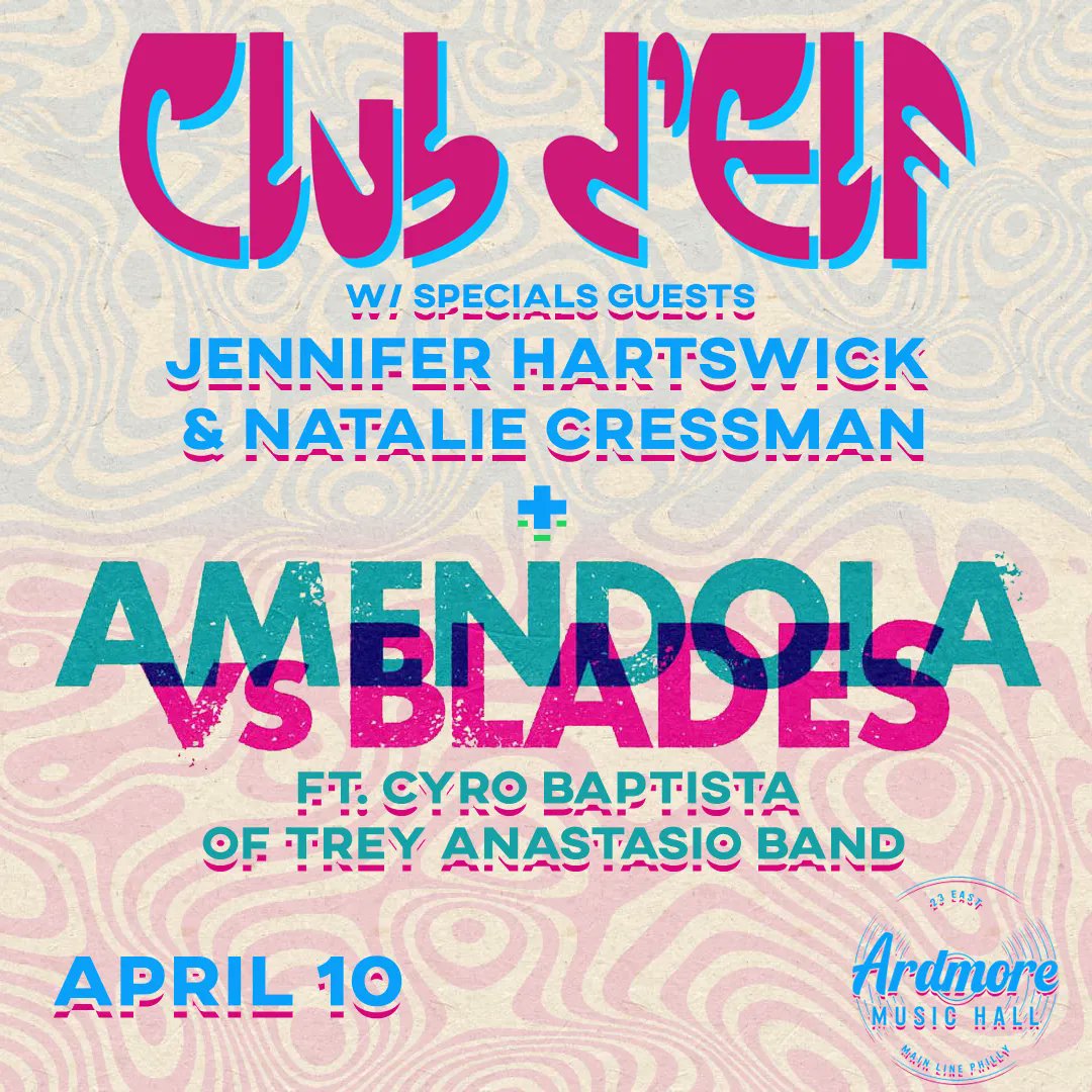 👀 Win two tickets see @clubdelf featuring @Jhartswick & @natcressman with #AmendolaVsBlades joined by @cyrobaptista at @ArdmoreMusicPA next Wednesday 4/10. #TABSibs 👉215music.net/clubdelf-amend…