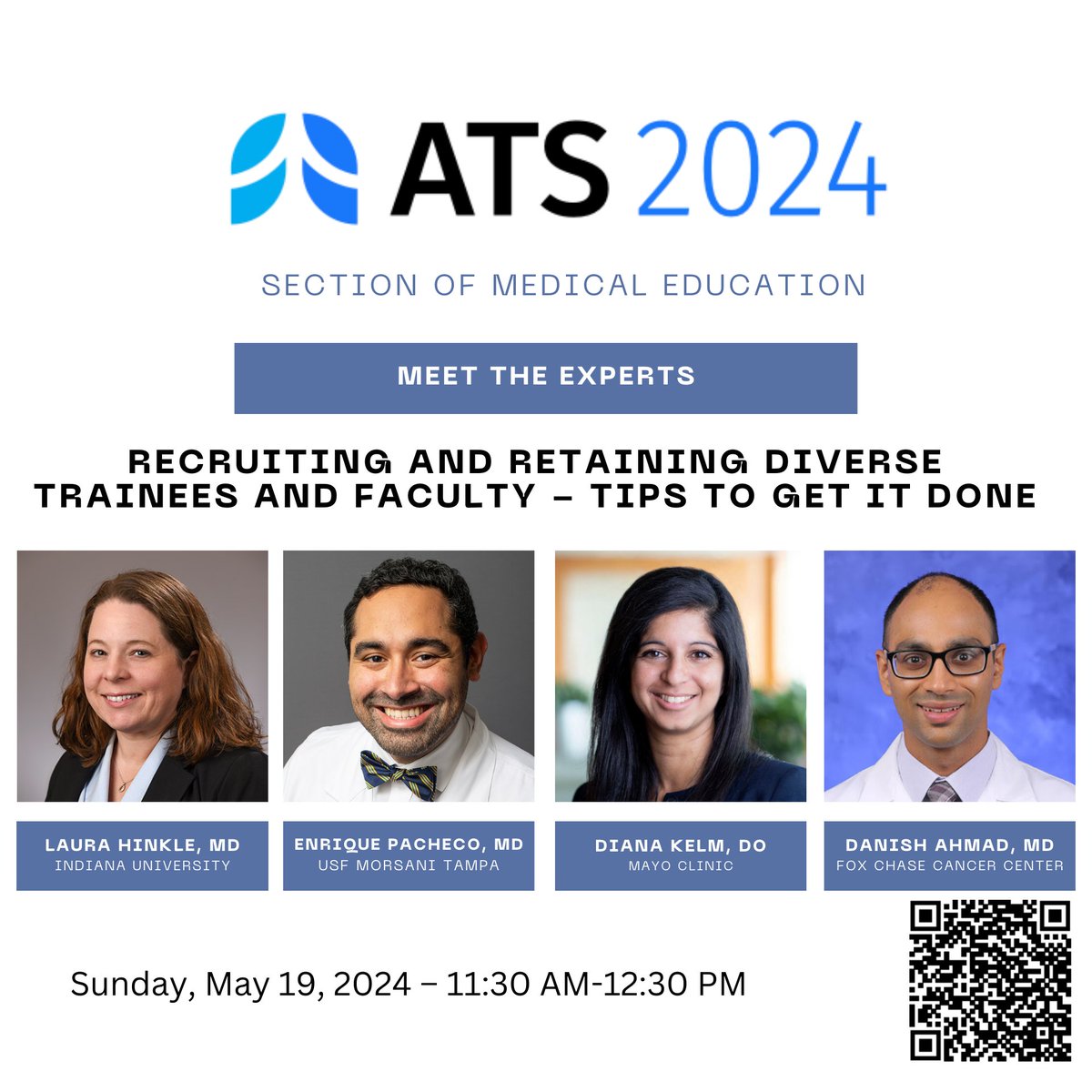 We also have a session on recruiting and retaining diverse trainees and faculty with @LauraHinkle18 @Diana_Kelm @EPachecoMD @DanishAhmad_1 Register here: conference.thoracic.org/program/clinic… @atscommunity @atsearlycareer @IUPCCM #PCCM #ATS2024