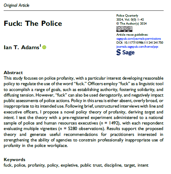 🚨New pub! 🚔 'Fuck: The Police' now in Police Quarterly #OpenAccess Do you like: 1) Swears 2) Policing 3) Pre-registered experiments? Come along for a quick 🧵 on what I found: doi.org/10.1177/109861…