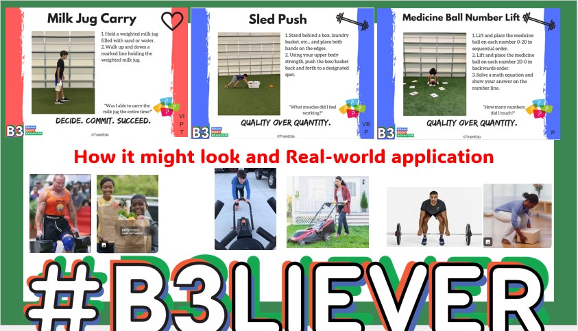 While listening to @mortonmoves @cmspe225 @CindieLou70 - Pizza and PE Podcast... I moved for my 🧠💪😃! Utilizing the B3 task cards, we have examples of functional movements that we might be required to perform daily. #B3LIEVER