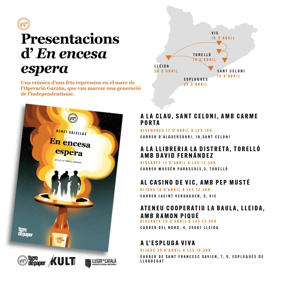 Atenció, agafeu agenda!📢 'En encesa espera' de gira! 📚 Ben aviat, presentacions del llibre de Benet Salellas: 📍12/04 Sant Celoni, La Clau 📍13/04 Torelló, La Distreta 📍18/04 Vic, @casino_vic 📍20/04 Lleida, @labaulalleida 📍25/04 Esplugues de Llobregat, @Espluga_Viva