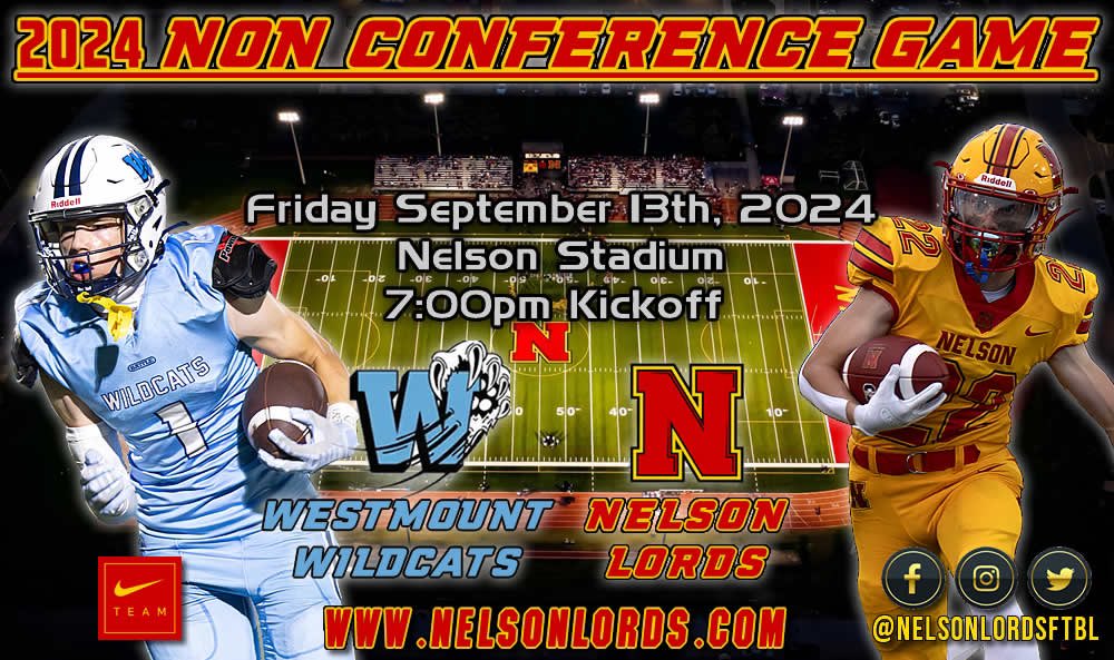 Nelson will host the perennial HWDSB powerhouse Westmount Wildcats for a Non Conference match-up under the lights on September 13th!!! We are extremely to welcome the Burlington football community back to Nelson Stadium this fall. Much more to come on this game. 🔴🟡🏈 #FNL