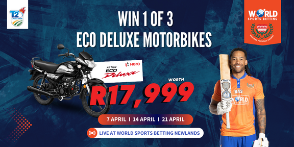 WIN! WIN! WIN! Come down to the World Sports Betting Newlands this Sunday, 7 April 2024 for a guaranteed giveaway of a Honda Eco Deluxe Motorbike. You don't want to miss it. Run and grab your tickets at Ticketpro: bit.ly/4bYN5Yf or visit the stadium ticket office.